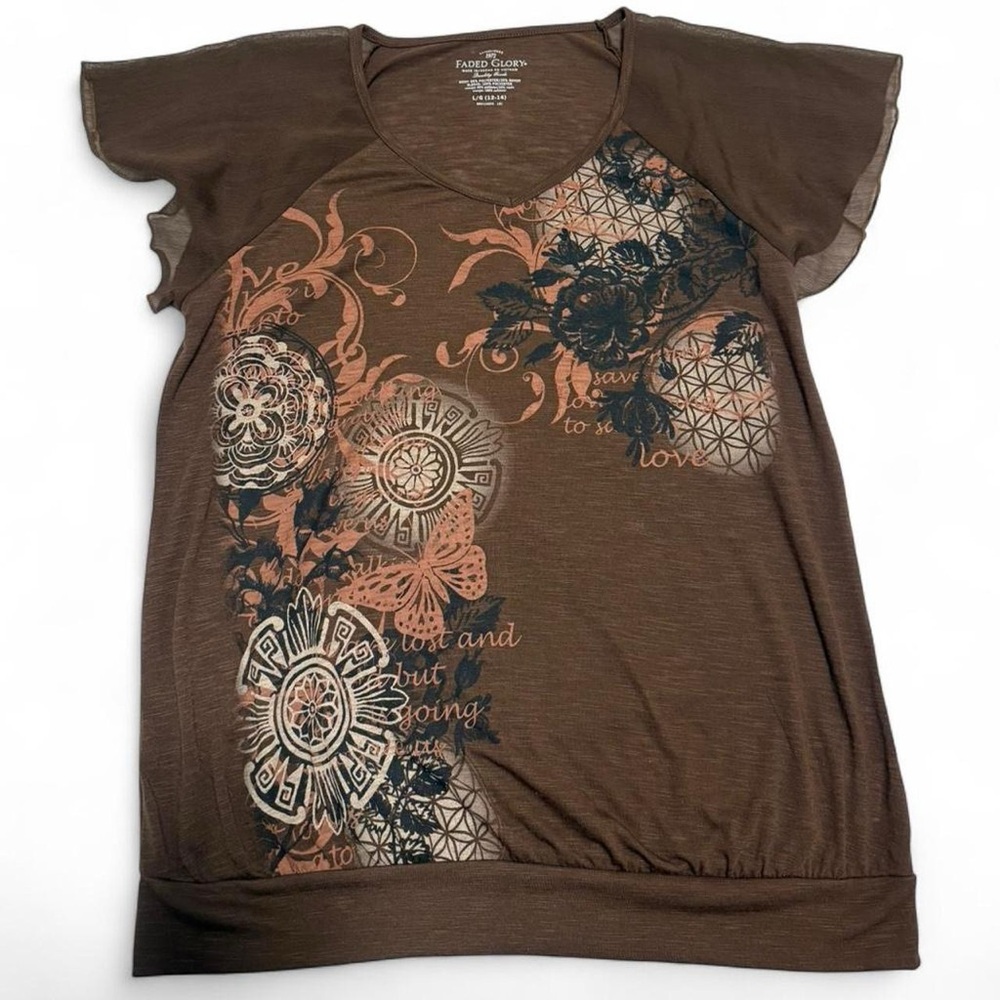 Vintage Y2K Faded Glory Brown Floral Drop Waist Top - Picture 2 of 5